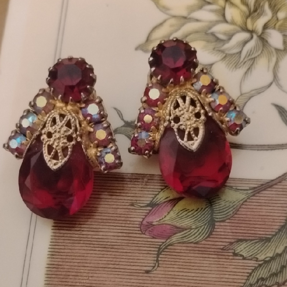 Vintage Red and Gold Crystal Earrings